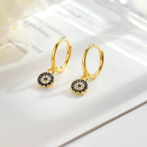 925 sterling Silver Evil Eye Dazzling Blue and Gold Crystal Earrings - Picture 3 of 8